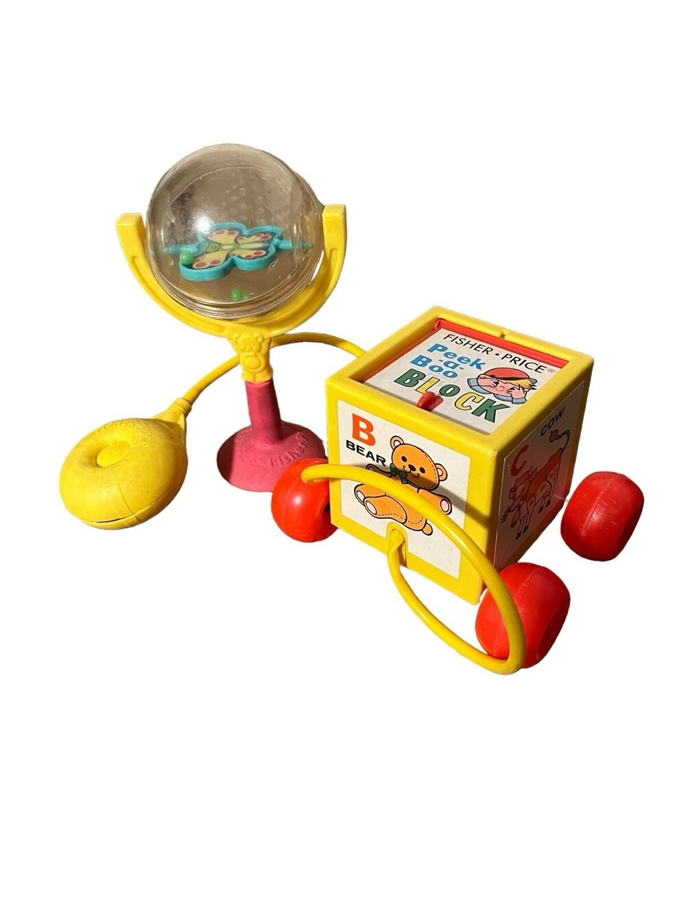 VTG Fisher Price 1970 PeekaBoo Block 1981 Suction Cup Spinning Butterfly Toy Lot